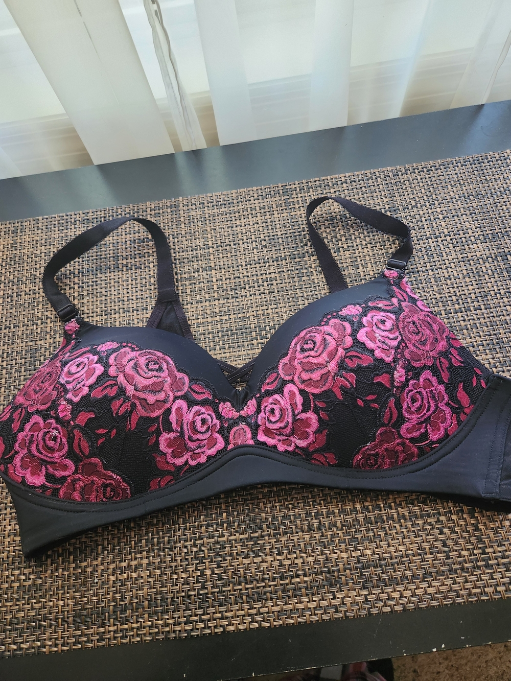 torrid Black Bra with Pink Rose Embroidery